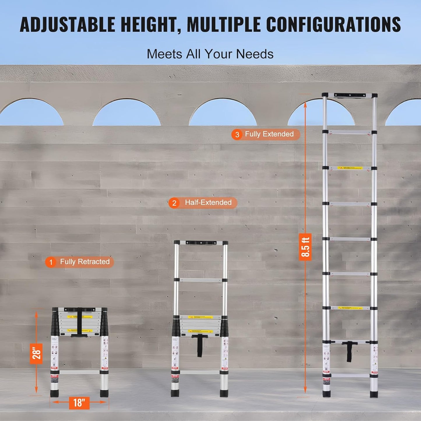Telescoping Ladder 8.5FT Aluminum Lightweight Extension Ladder One-Button Retraction 375 LBS Capacity