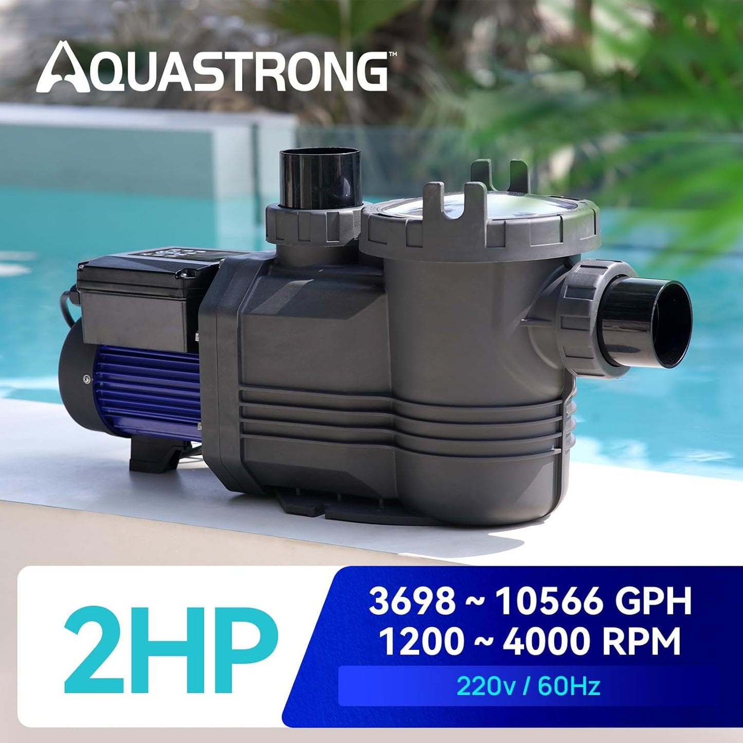 AQUASTRONG Variable Speed Pool Pump: 2HP, 220V, 10566GPH, Energy-Efficient, High Flow