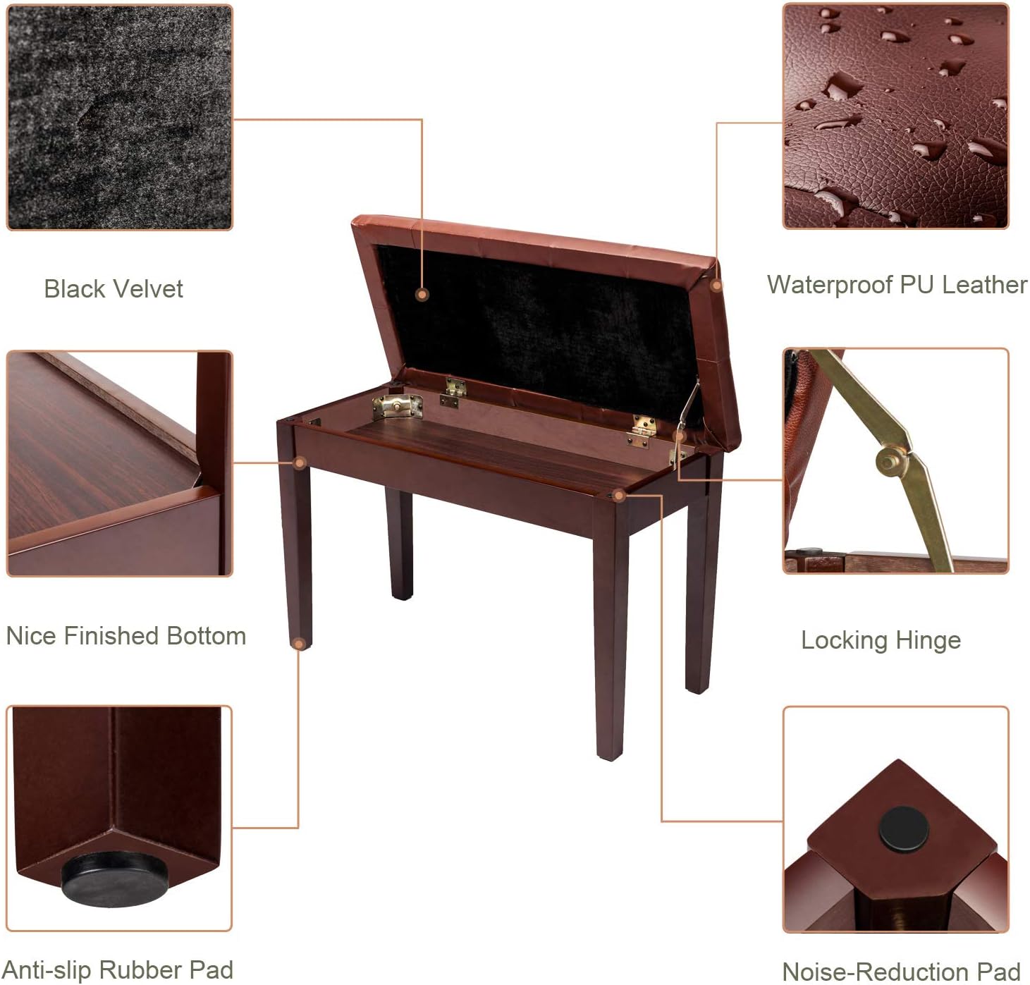 Bonnlo Duet Piano Bench: Plush Padded Cushion, Music Storage, Sturdy Solid Wood