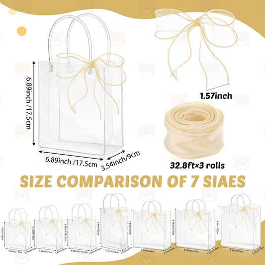 LEIFIDE 32 Clear PVC Gift Bags with Handles and Champagne Ribbons
