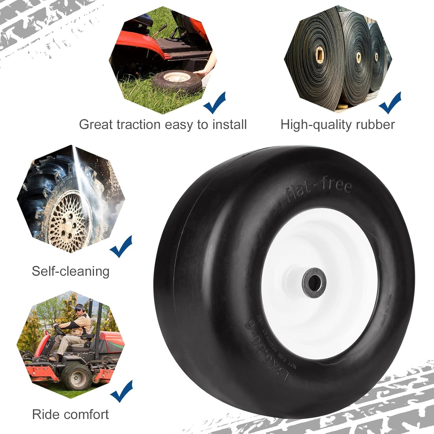 13x6.50-6 Flat-Free Heavy Duty Mower Tires with Steel Rims (Set of 2)