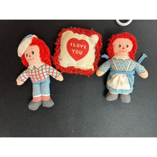 Vintage 1976 Knickerbocker Raggedy Ann & Andy 4" Mini Rag Dolls w/ Pillow