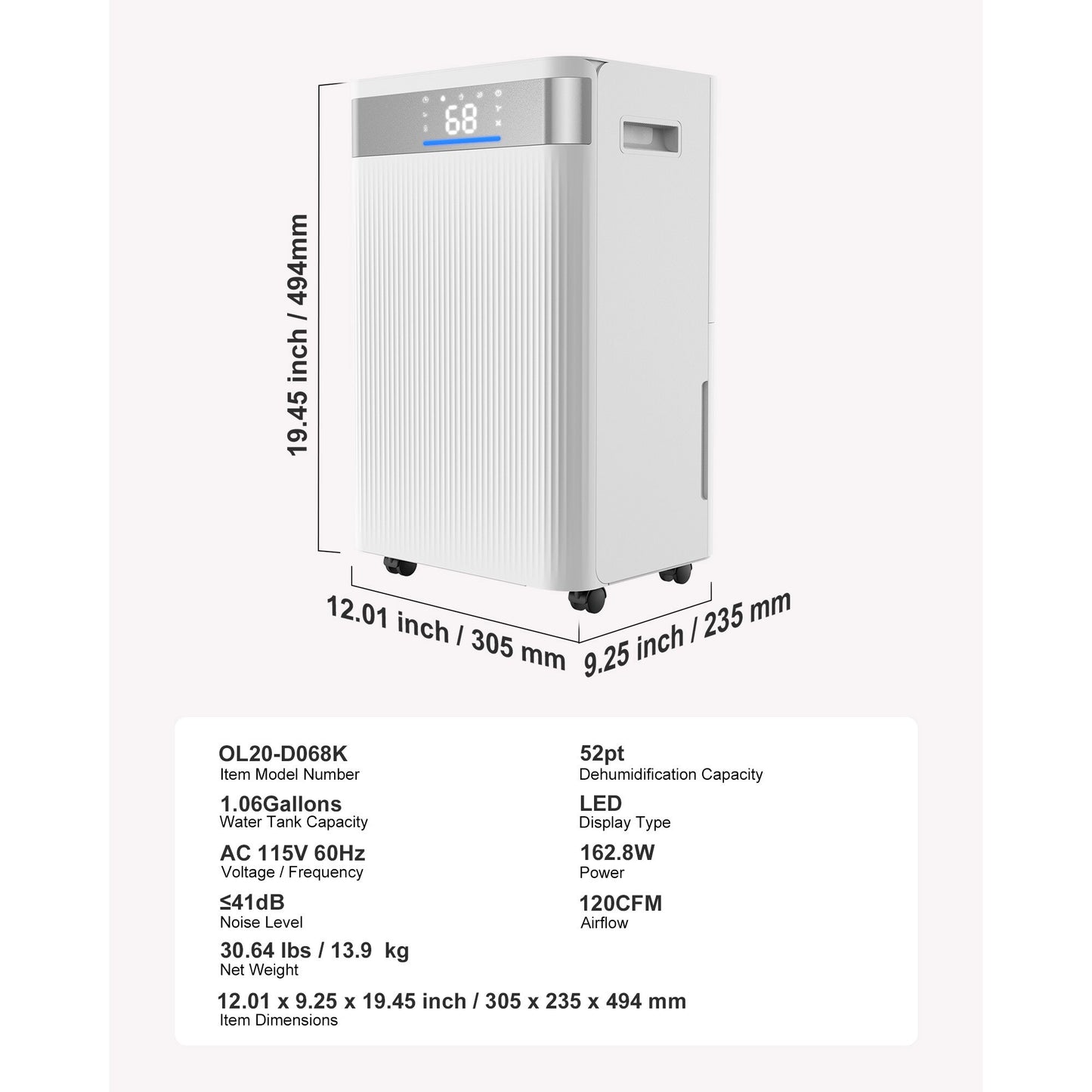 52 Pints Dehumidifier for Home Basement Drain Hose Smart Humidity Control Low Noise Large Rooms White