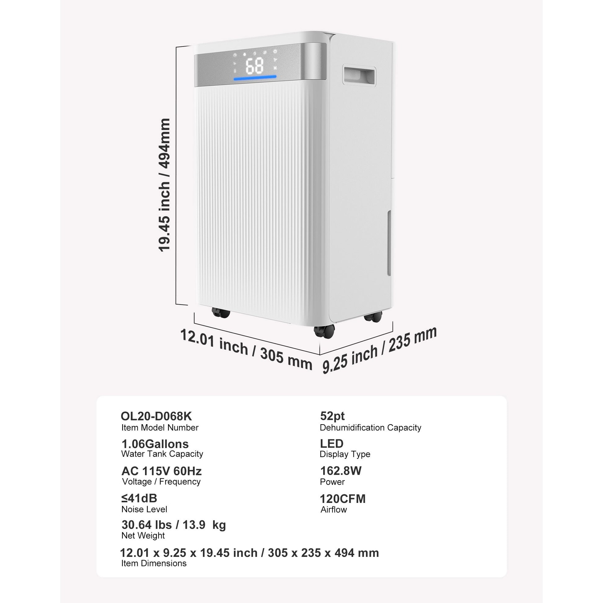 52 Pints Dehumidifier for Home Basement Drain Hose Smart Humidity Control Low Noise Large Rooms White