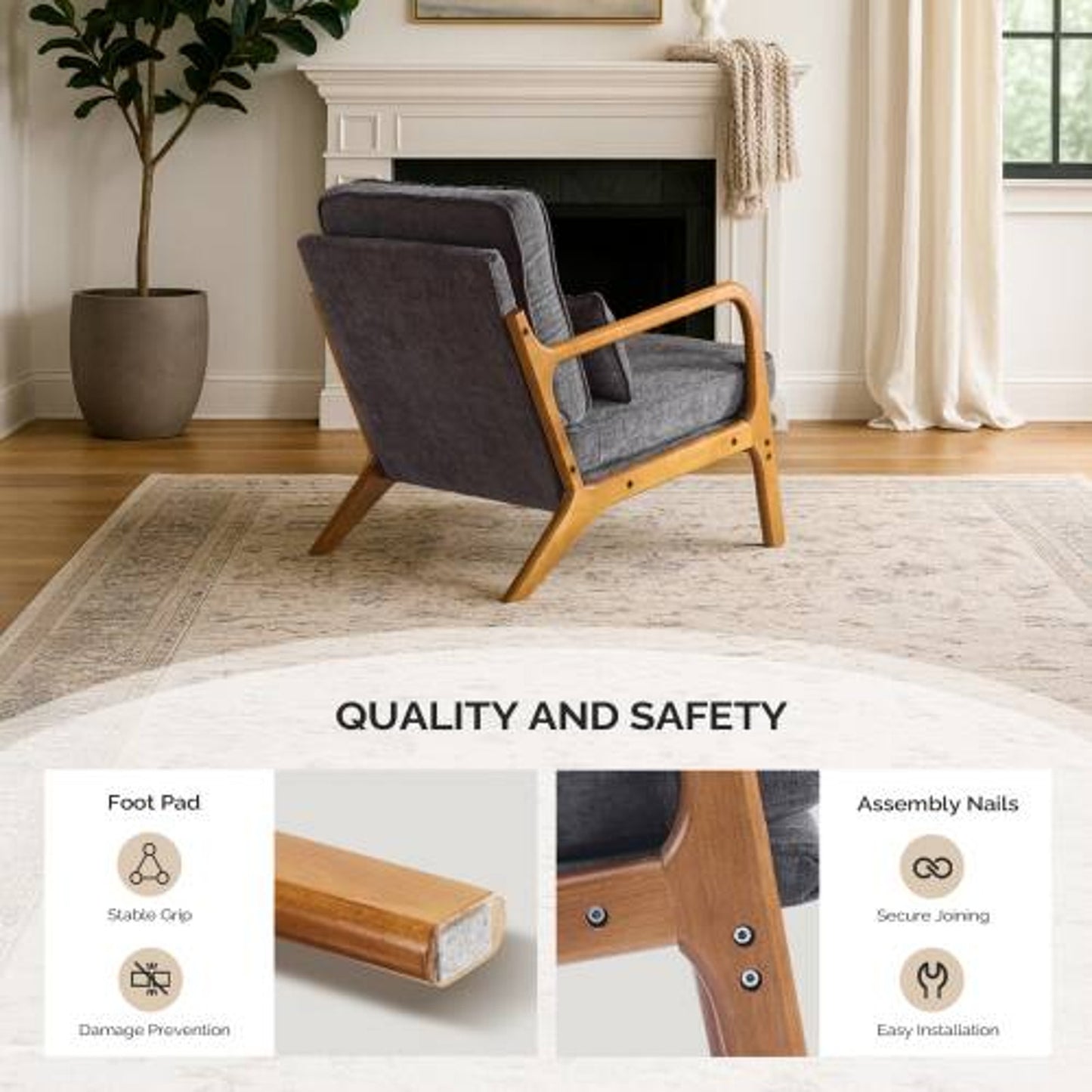 Mid-Century Modern Chenille Accent Chair with Wood Frame & Pillow