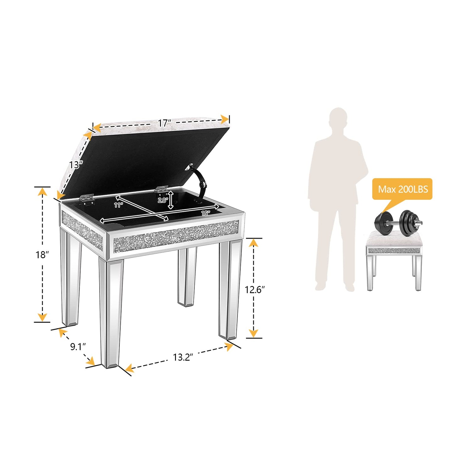 Elegant Mirrored Vanity Stool with Hidden Storage, Brand New