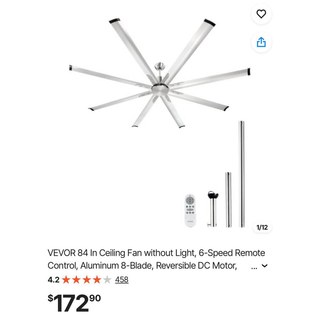 VEVOR 84-Inch Industrial-Style Ceiling Fan with Remote – Silver