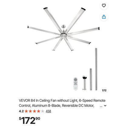 VEVOR 84-Inch Industrial-Style Ceiling Fan with Remote – Silver