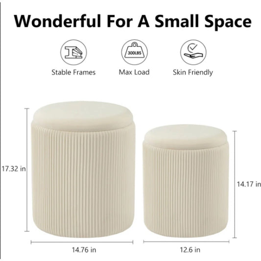 2-Pack White Upholstered Storage Ottomans with Removable Lids- NIB