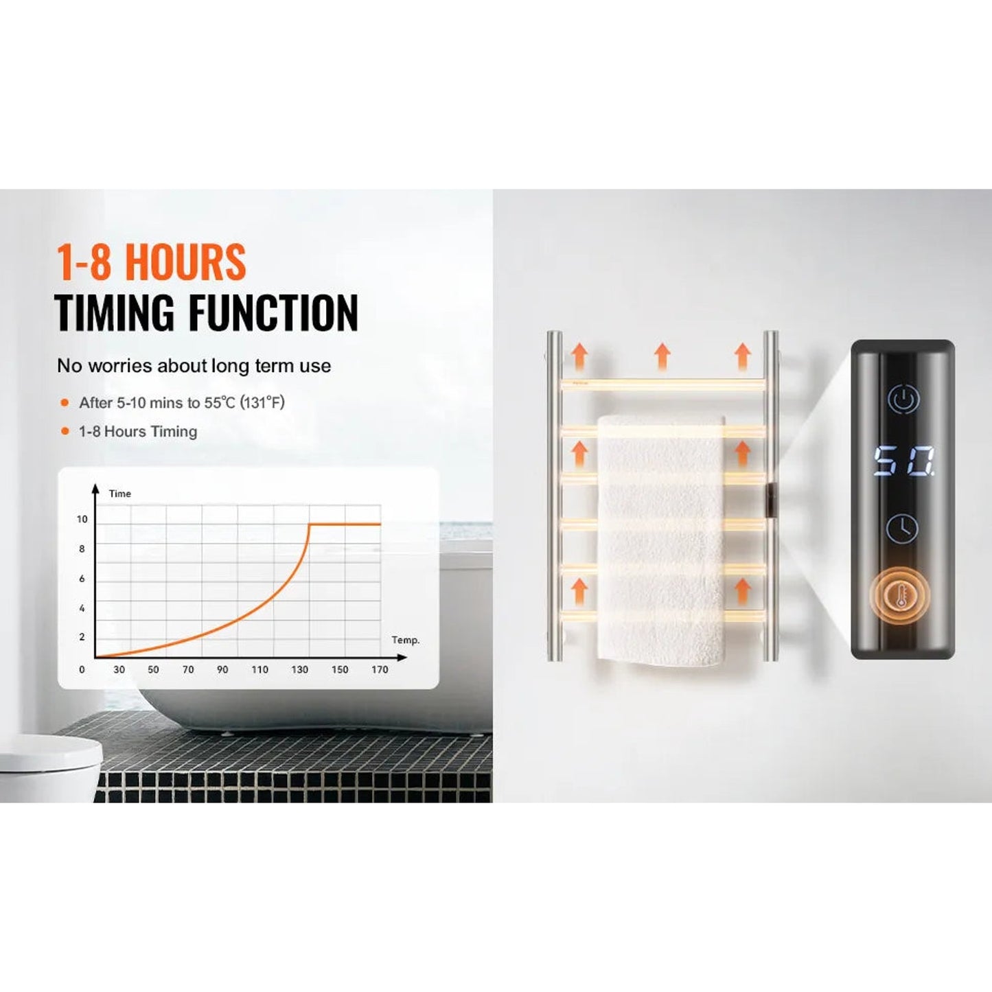 VEVOR 6-Bar Wall Mounted Heated Towel Rack for Bathroom, Silver Finish