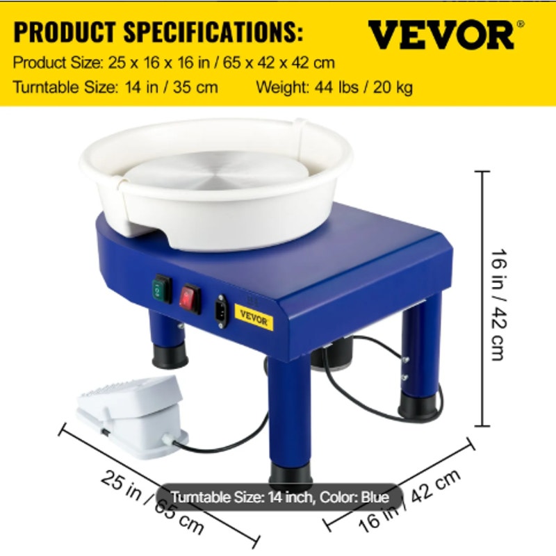 14-in Pottery Wheel – 450 W Electric Ceramic Wheel with Adjustable Height