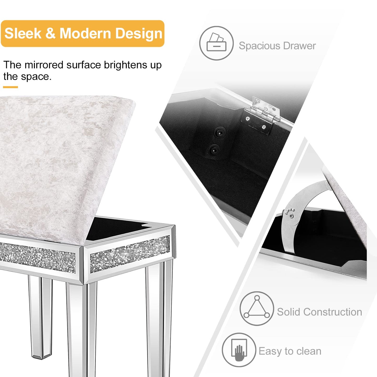 Elegant Mirrored Vanity Stool with Hidden Storage, Brand New