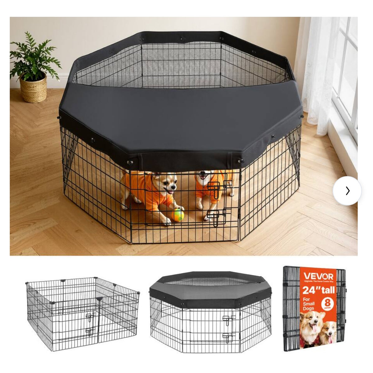 VEVOR 24″ Dog Playpen – 8 Panels with Top Cover, Black