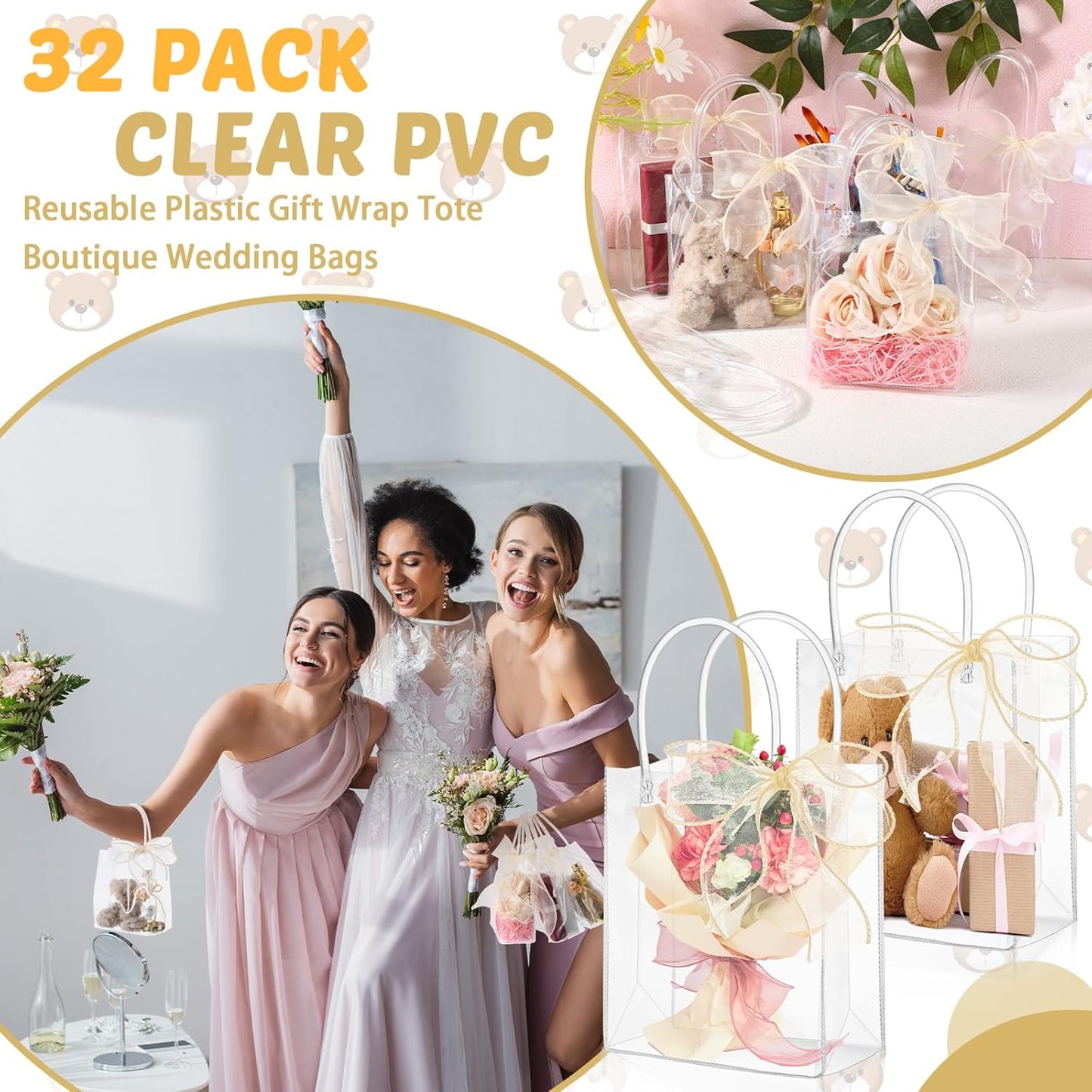 LEIFIDE 32 Clear PVC Gift Bags with Handles and Champagne Ribbons
