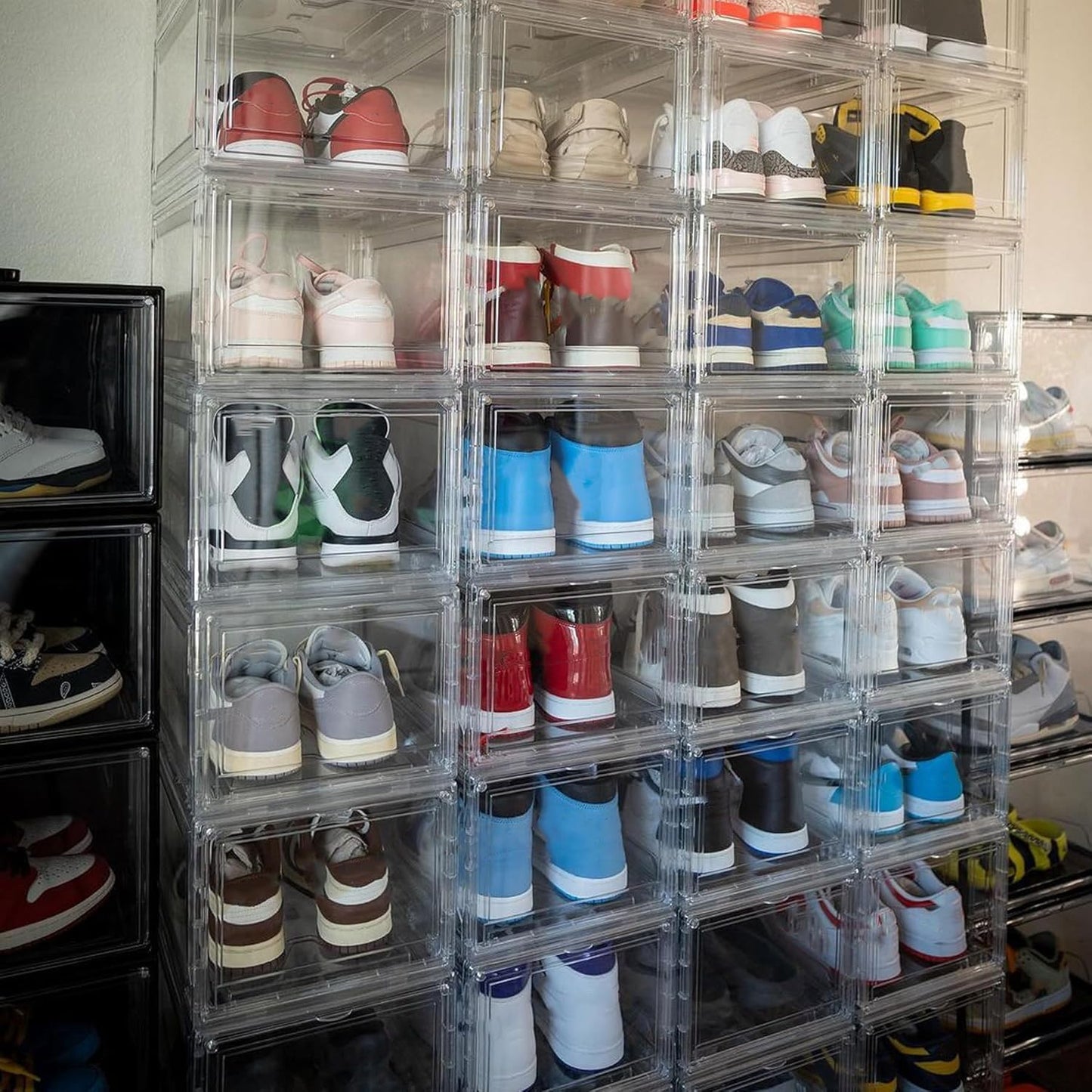 12 Pack Clear Acrylic Stackable Shoe Boxes, Drop Front, Fits Size 15