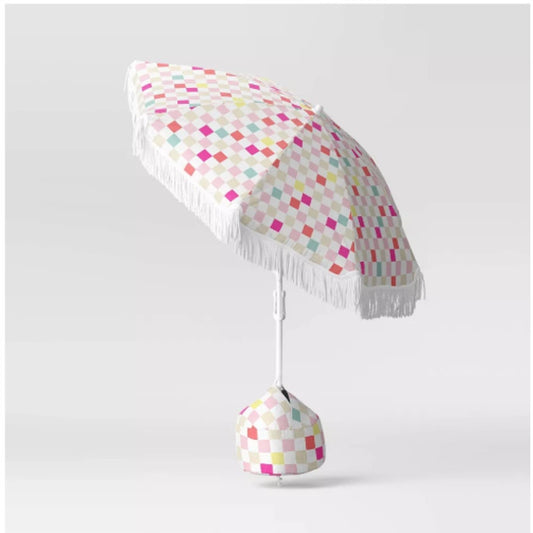 6' Outdoor Patio Beach Umbrella with Fringe – Multicolor Checkered