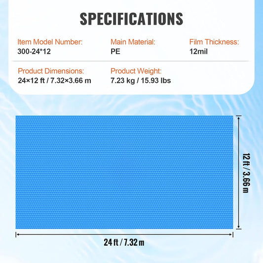 Solar Pool Cover 24 x 12 Ft Rectangle 12 Mil