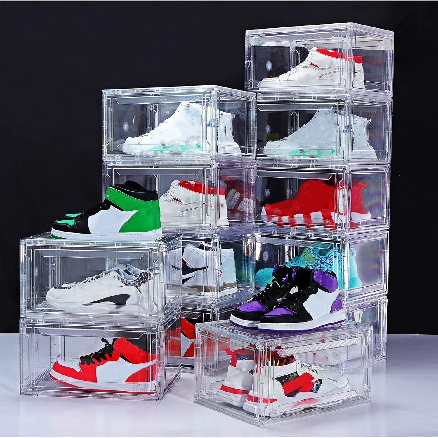12 Pack Clear Acrylic Stackable Shoe Boxes, Drop Front, Fits Size 15