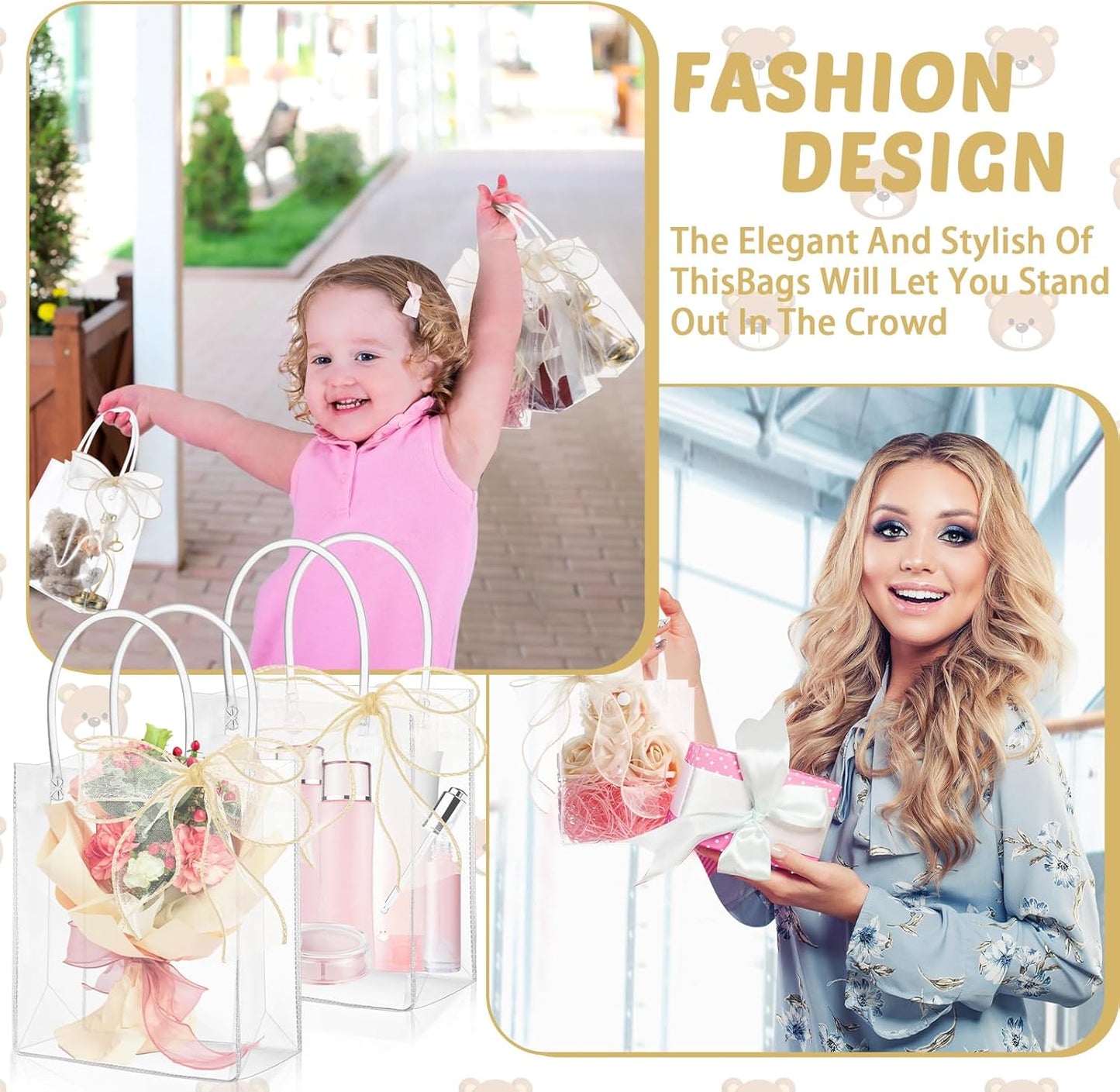 LEIFIDE 32 Clear PVC Gift Bags with Handles and Champagne Ribbons