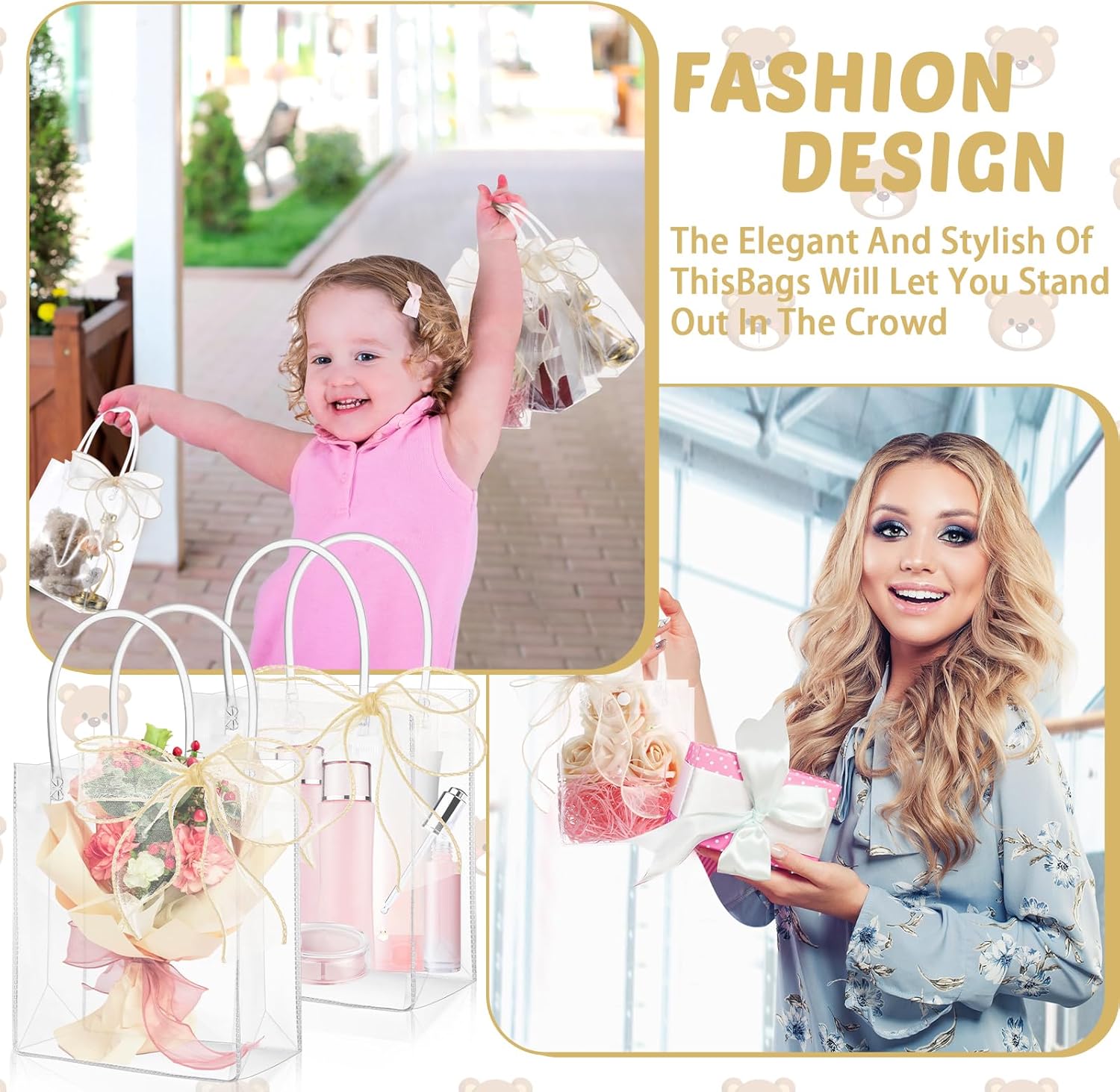 LEIFIDE 32 Clear PVC Gift Bags with Handles and Champagne Ribbons