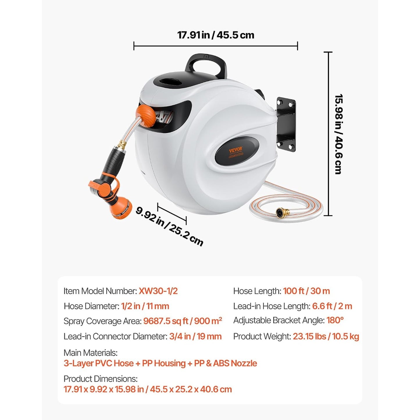 New VEVOR 100' Retractable Garden Hose Reel with 9-Pattern Nozzle