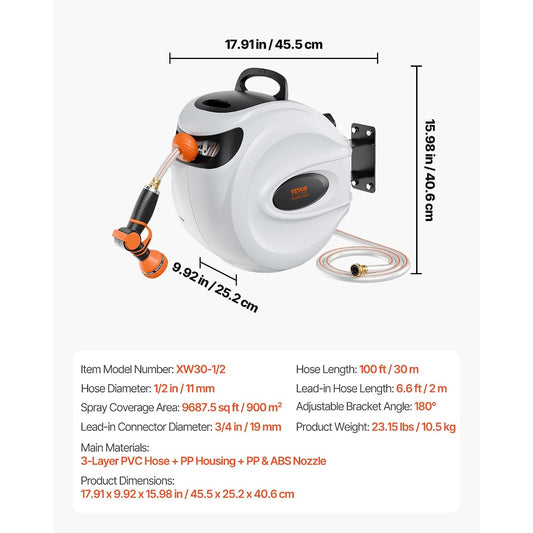 New VEVOR 100' Retractable Garden Hose Reel with 9-Pattern Nozzle