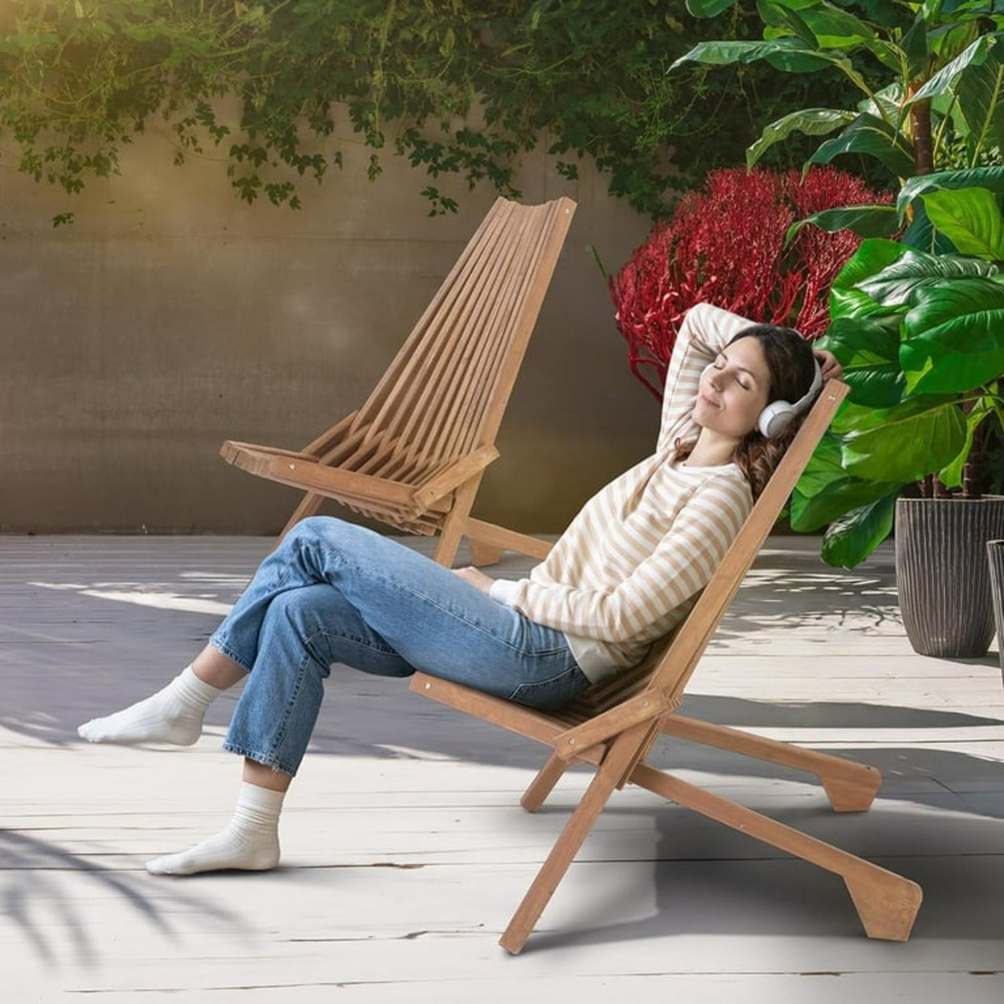 Foldable Acacia Wood Slatted Adirondack Chair – Indoor/Outdoor