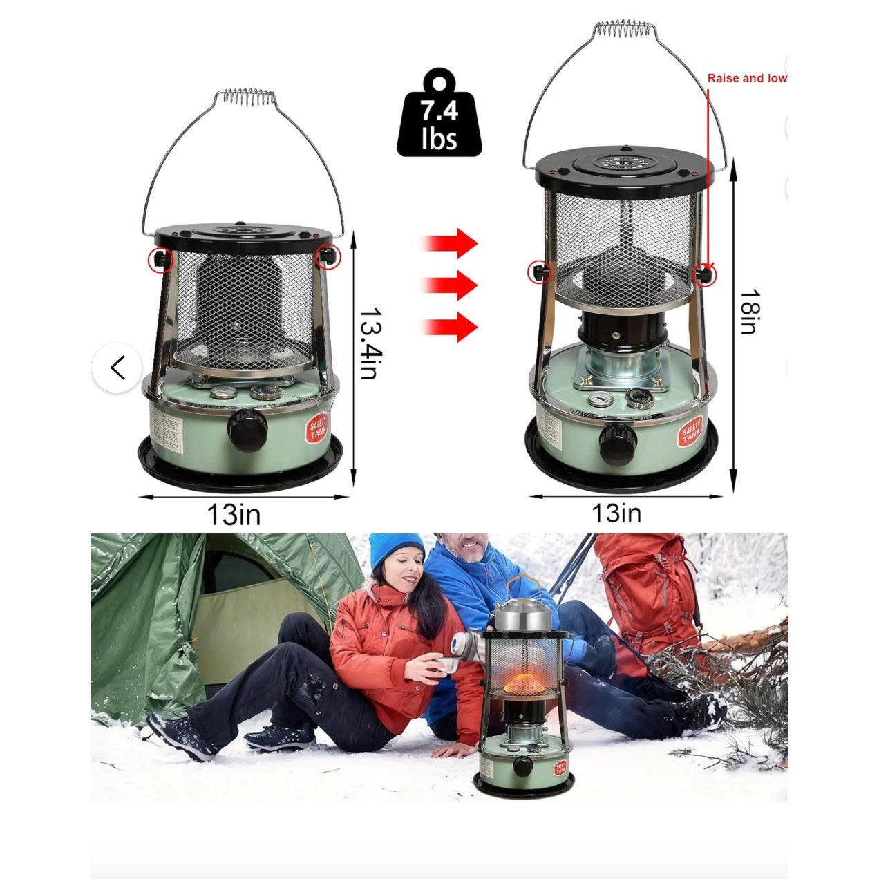 Portable Kerosene Heater 9000 BTU w/ Adjustable Height, 1.2 Gal Tank