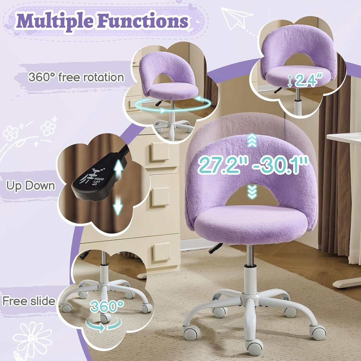 Purple Furry Vanity Chair — Adjustable, Armless, 360° Swivel & Wheels- Brand New