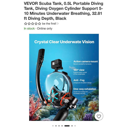 VEVOR Scuba Tank, 0.5L Portable 10 Minutes Underwater Breathing