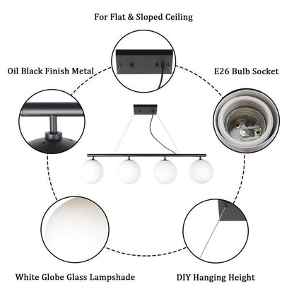 Modern 4-Light Globe Chandelier – Linear Pendant in Matte Black & Gold