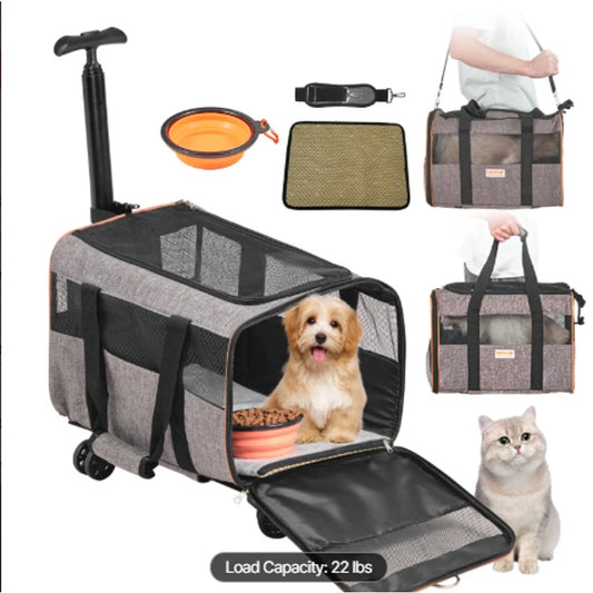 Airline-Approved Cat & Dog Carrier with Wheels, Handle & Strap-Under 25 lb