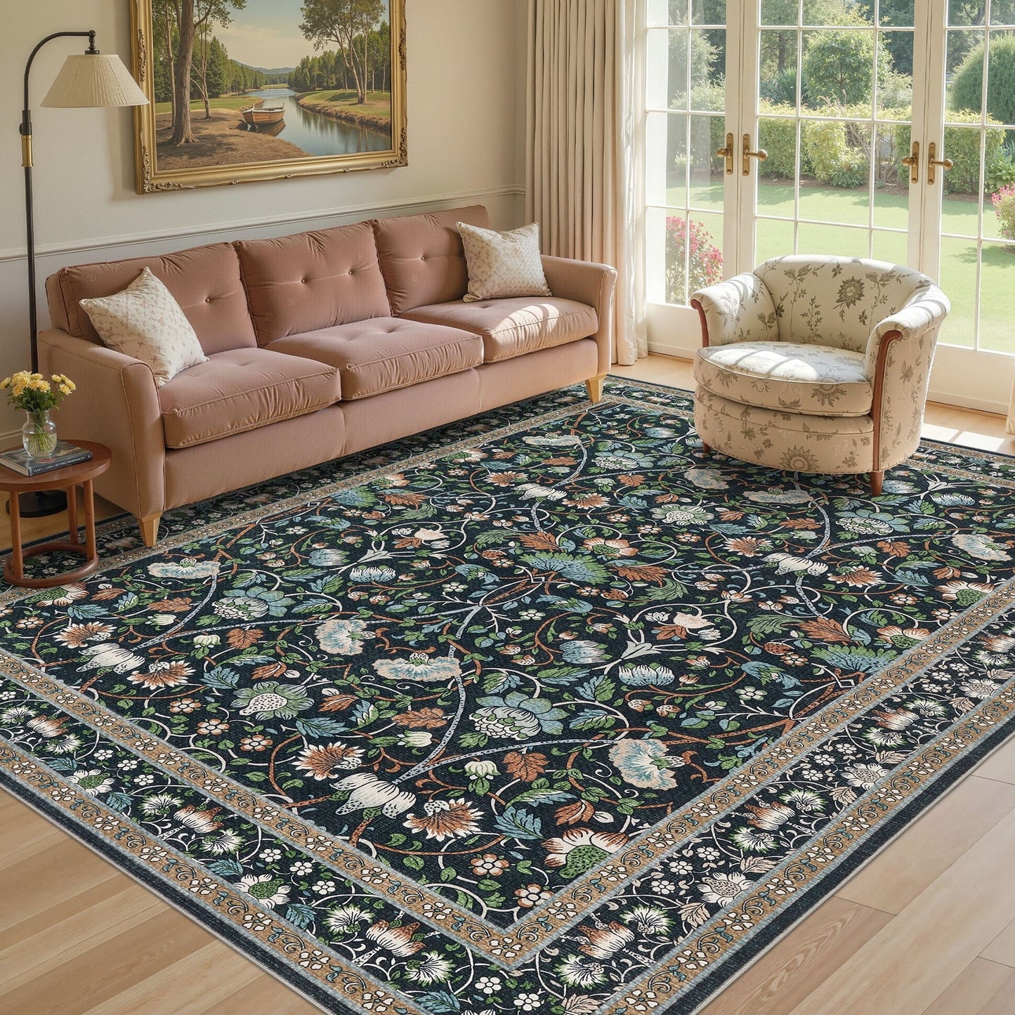 9x12 Vintage Floral Washable Area Rug w/ Non-Slip Backing (Low Pile)