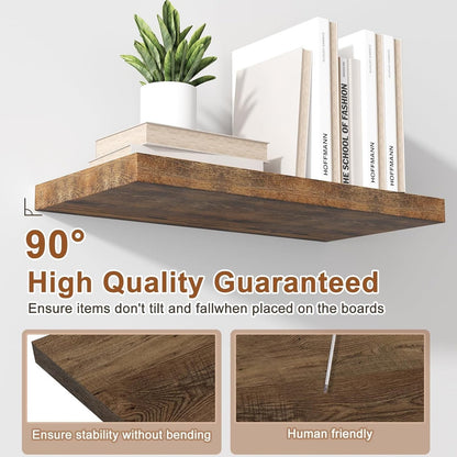 24-Inch Deep Floating Wall Shelf with Hidden Brackets, Rustic Brown