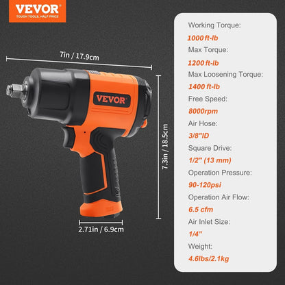 Air Impact Wrench 1/2 In Drive 1400 Ft-Lbs with 11-Piece Socket Set