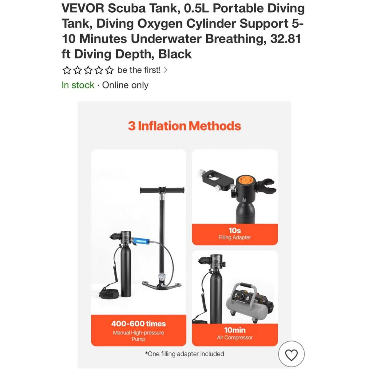 VEVOR Scuba Tank, 0.5L Portable 10 Minutes Underwater Breathing
