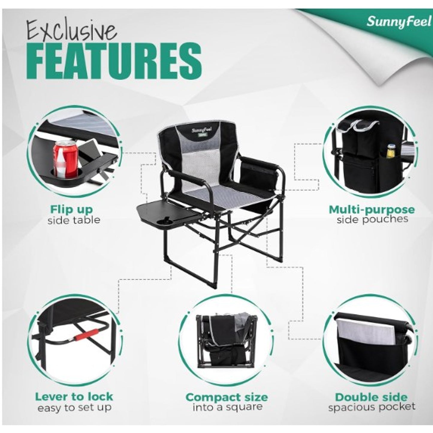 Oversized 21″×25″ Portable Directors Camping Chair with Folding Side Table & Storage