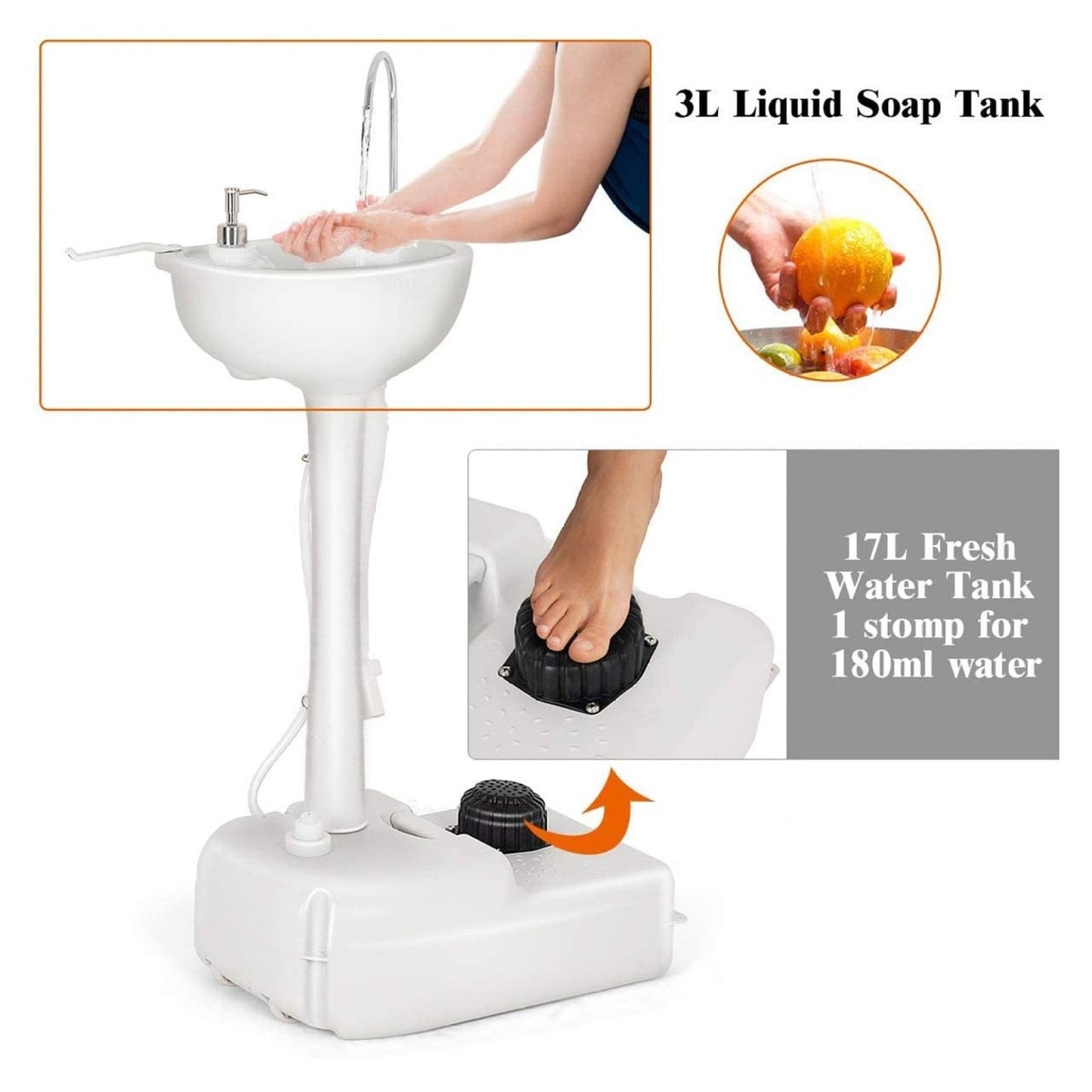 Portable Hands-Free Foot Pump Sink, 4.5 Gallon Fresh Water, Rolling Wash Station