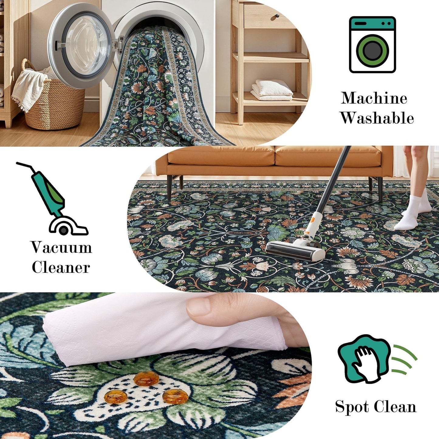 9x12 Vintage Floral Washable Area Rug w/ Non-Slip Backing (Low Pile)