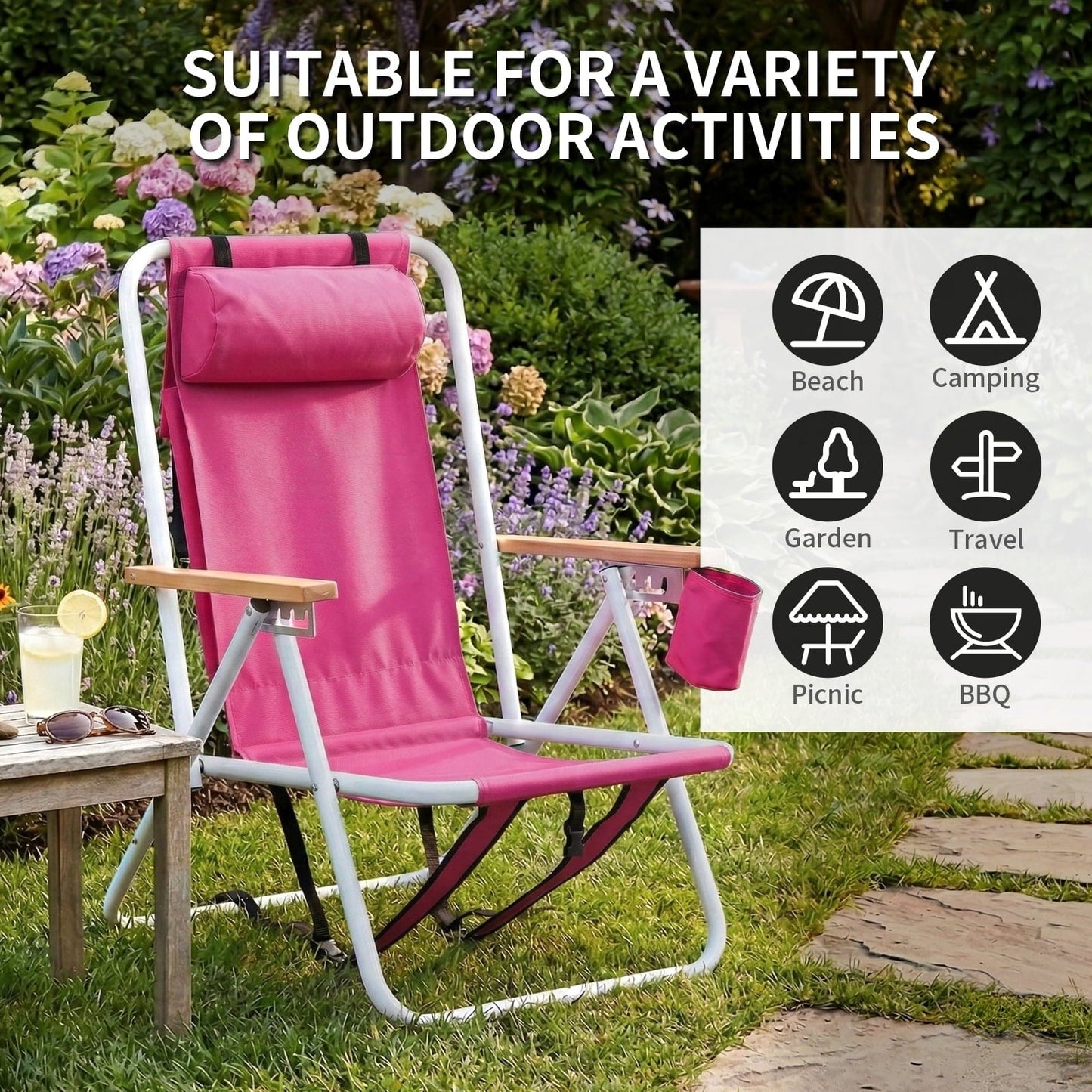 Set of 2 Pink Backpack Beach Chairs Folding 4 Position Reclining