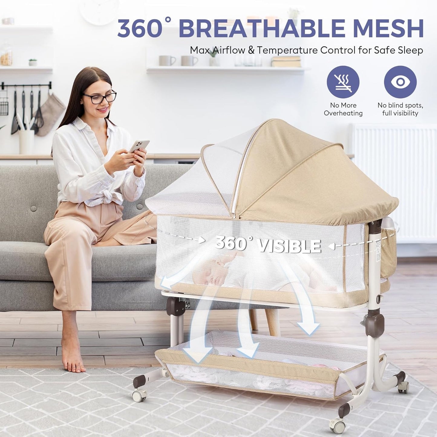 Adjustable Bedside Baby Bassinet Sleeper w/ Mesh Sides, Tilt Mode & Storage