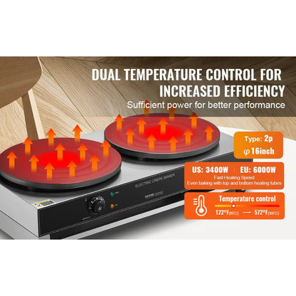 Electric Crepe Maker 16-Inch Double Head Commercial 3400W Nonstick