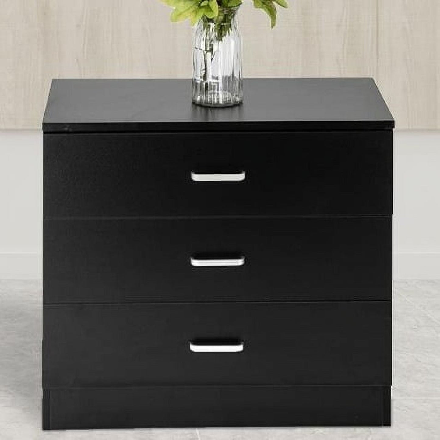 Modern Black Wooden Nightstand with 3 Drawers – New in box