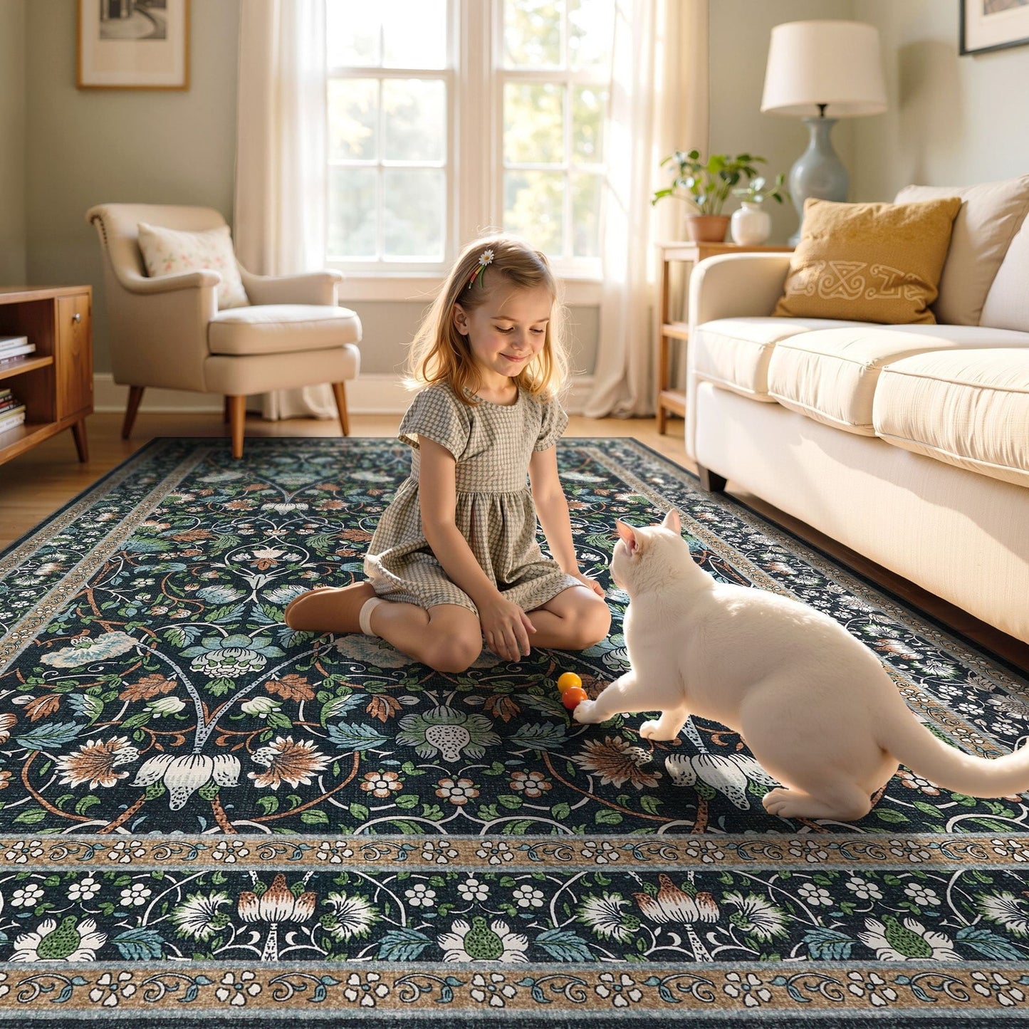 9x12 Vintage Floral Washable Area Rug w/ Non-Slip Backing (Low Pile)