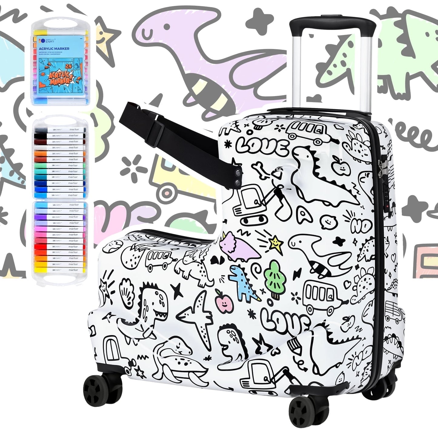 Advwin 20-inch Fun DIY Coloring Kids Ride-On Travel Suitcase with Spinner Wheels