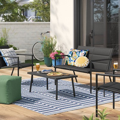 4-Piece Padded Sling Patio Conversation Set, Black, Durable Outdoor Furniture