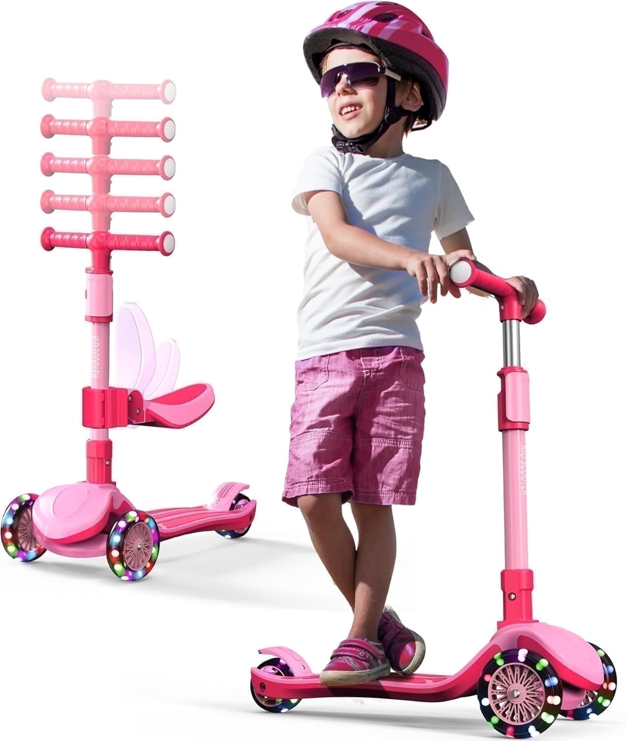 KIDSCOTER 2-in-1 Adjustable Kids Kick Scooter: Removable Seat, LED Light-Up Wheels