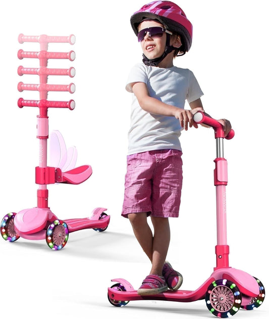 KIDSCOTER 2-in-1 Adjustable Kids Kick Scooter: Removable Seat, LED Light-Up Wheels