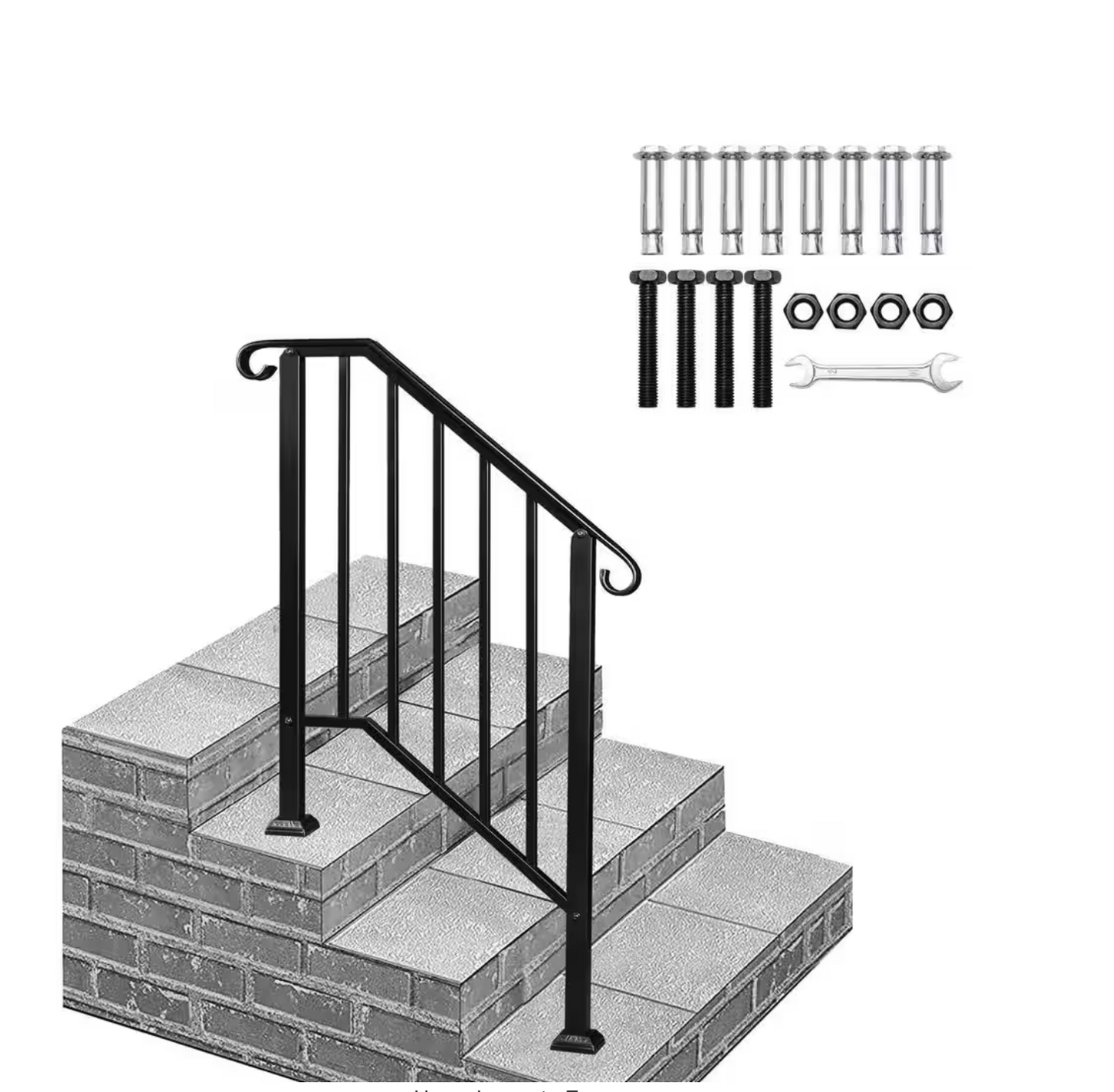 Wrought Iron Outdoor Stair Handrail for 3 Steps, Matte Black