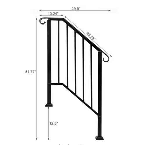 Wrought Iron Outdoor Stair Handrail for 3 Steps, Matte Black